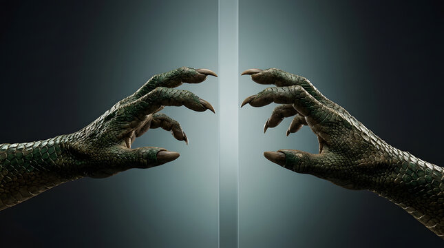 Reptile, monster hands and portal with light for fantasy, sci-fi and cinematic background. Creature, scales and reaching with claws, mystery and connection for gaming, film and storytelling theme