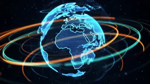 Abstract globe animation with orbiting lines and digital data visualization