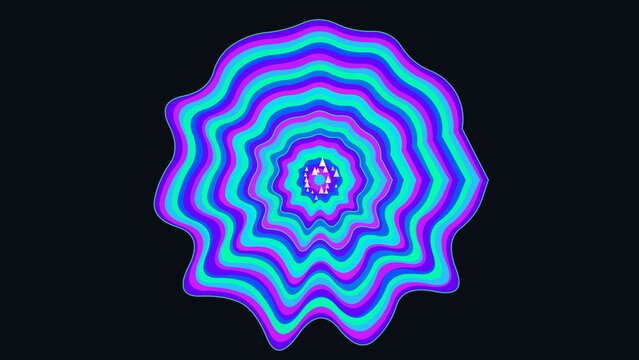 Psychedelic wavy concentric circles, vibrant purple and blue neon ripple pattern, abstract trippy optical illusion on black background