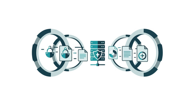 Cybersecurity concept illustration featuring data encryption, secure server storage, and file transfer on a white background.
