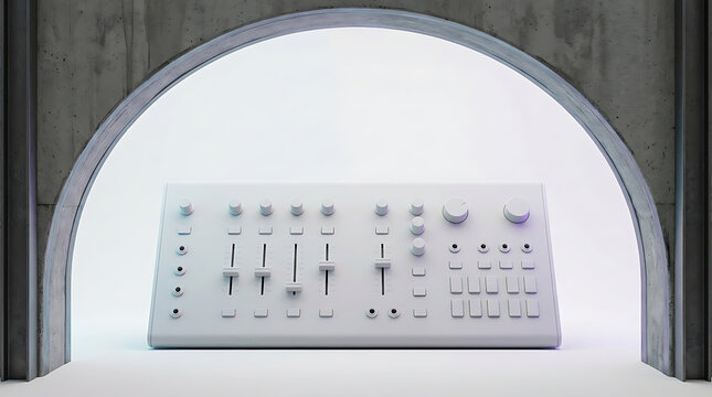 Modern White Audio Mixer Controller with Faders and Knobs in a Minimalist Studio Setting
