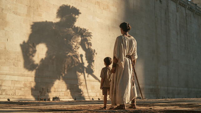Giant Shadow Warrior Ancient Woman Child Epic Mythical Historical Cinematic Legend Wall Sunlight Dramatic Scene