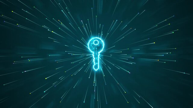 Motion graphic of a glowing digital key surrounded by fast moving light streaks, symbolizing high speed data transfer, cybersecurity, and secure network connection in a futuristic cyberspace.