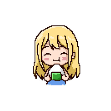 Cute chibi cartoon 8 bit pixel art illustration of a girl eating rice balls 