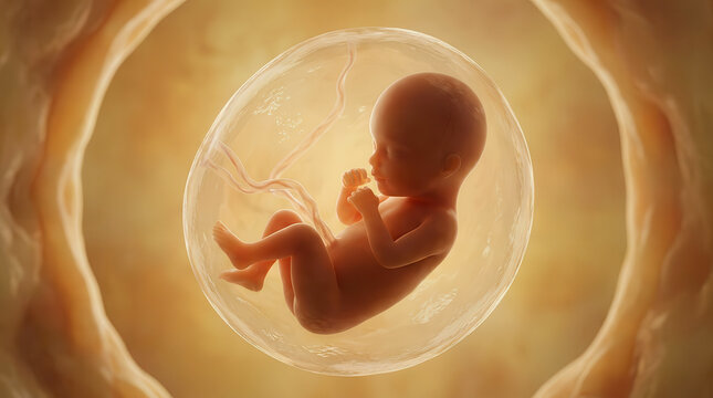 Human fetus developing inside the womb with visible umbilical cord and amniotic sac