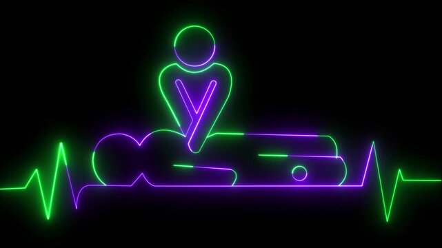 neon heartbeat icon animation. CPR chest compressions showing medical resuscitation technique for training, safety, heartbeat pulse, on medical lifesaving care,motion graph