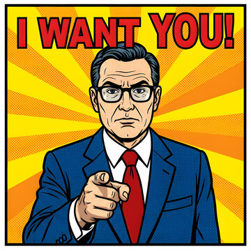 Man in suit points forward with a stern expression pop art style