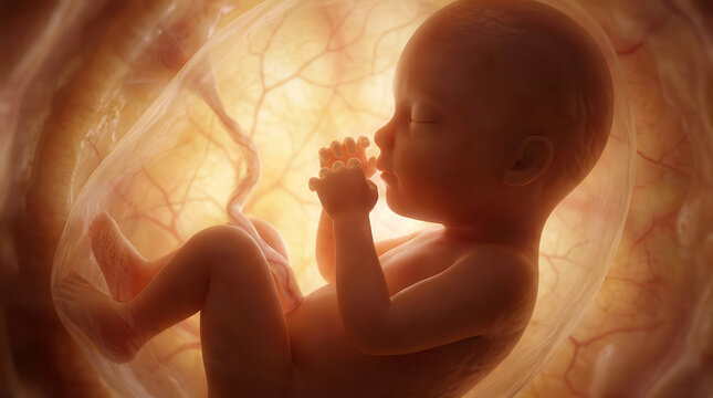 Human fetus developing inside the womb with visible umbilical cord and amniotic sac
