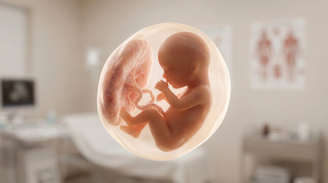 3D medical illustration of a human fetus developing inside the womb with placenta and umbilical cord