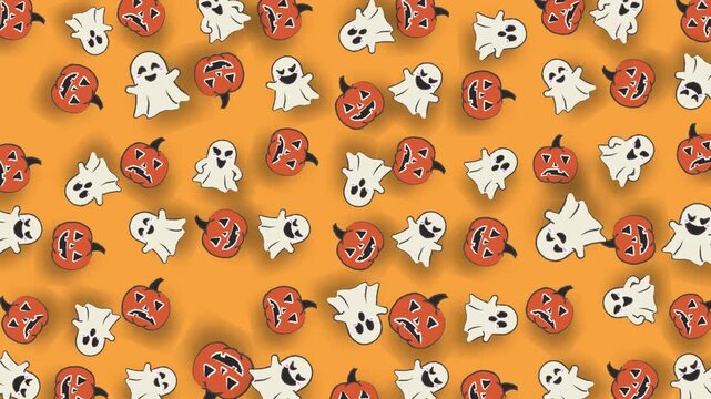 Spooky Halloween pumpkins, and cute moving ghost on backdrop of orange color. Motion footage graphic design. 