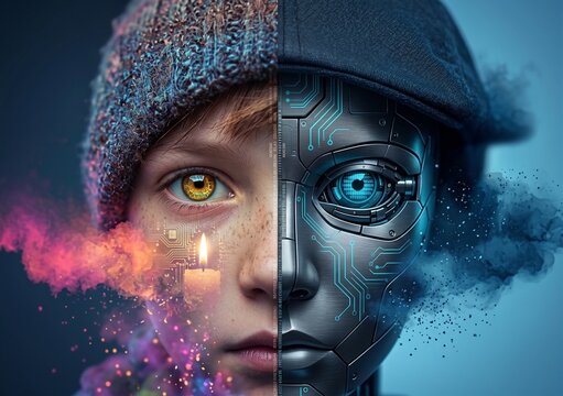 onceptual dual portrait of a child transitioning into an AI cyborg, depicting the intersection of human identity and artificial intelligence in modern youth.