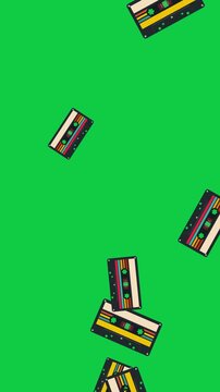retro cassette tape falling green screen animation,music and song retro party and musical nightclub isolated vertical social media motion design element