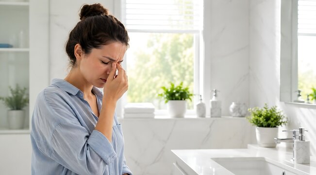 Woman suffering from painful sinus headache or stress while standing in bright white modern bathroom rubbing bridge of nose with closed eyes in morning routine.