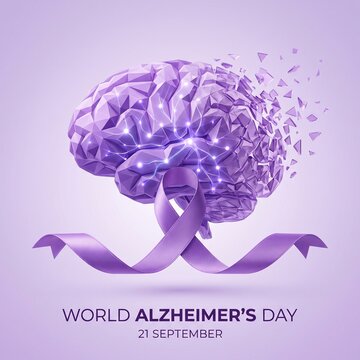 Geometric low poly human brain with glowing neural networks dissolving into fragments alongside a purple ribbon on light purple background for World Alzheimer's Day concept.