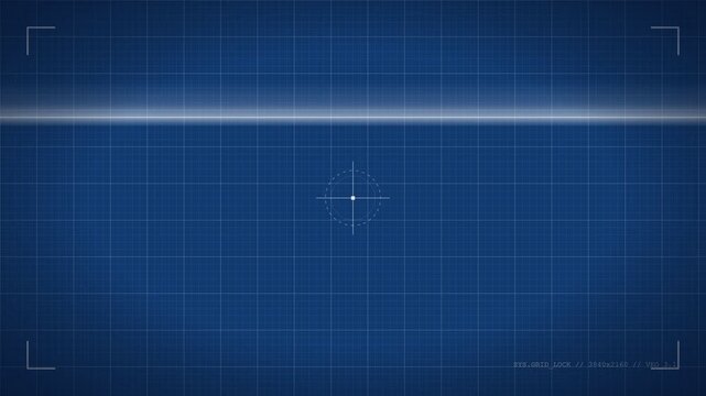 Blue futuristic technology blueprint grid with crosshair HUD target screen and scanning laser line background