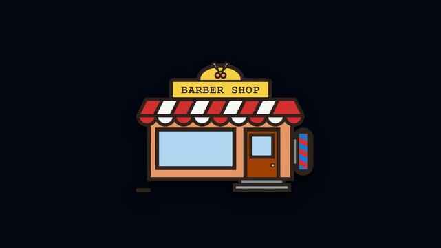 Stylized flat barber shop building icon, patch style digital repository vector graphic on dark background
