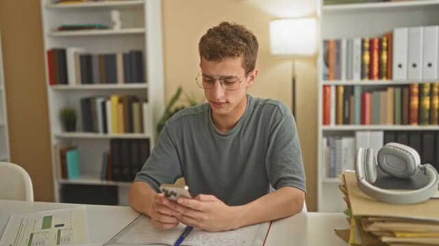 Young man frowning and scrolling smartphone while holding pen over notebook at desk in a building; study stress frustration.