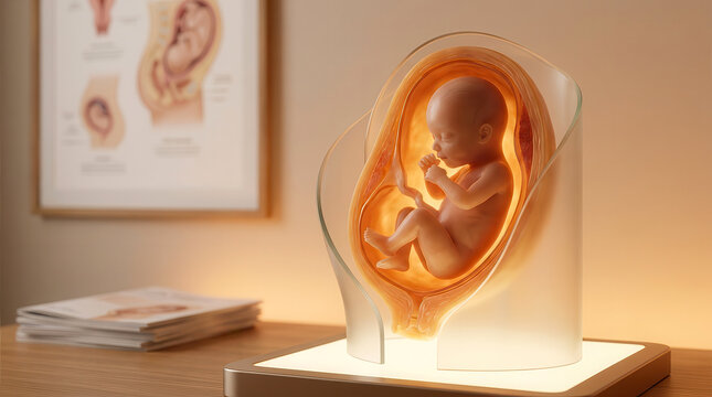Anatomical model of a human fetus inside a womb displayed on a medical office desk
