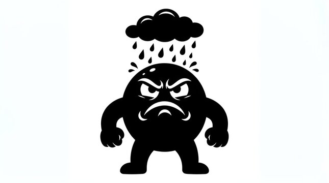 Black cartoon mascot expressing anger and frustration, standing under a dark raining cloud. Perfect for concepts of bad moods, depression, or bad weather.