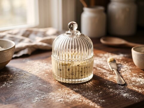 Dessert Custard Pudding Beneath a Ribbed Glass Cloche on a Rustic Wooden Table with Spoon and Bowls in Warm Window Light for Bakery Menu and Food Lifestyle Concepts
