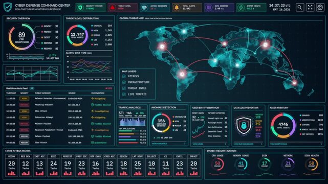 Motion graphic of a complex cybersecurity dashboard user interface for cyber defense and threat monitoring, featuring a global world map and data analytics for modern tech presentations.