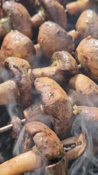 Grilling mushrooms and meat on a barbecue in a backyard setting