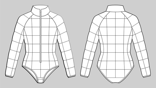 technical drawing fashion of women grid pattern puffer bodysuit with long sleeve, high neck and front zipper