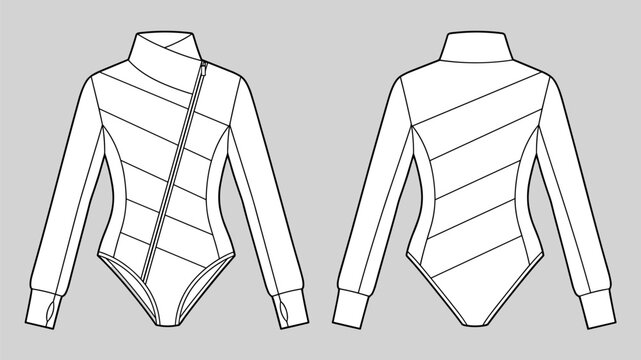 technical drawing fashion of women asymmetric zip puffer bodysuit with long sleeve, high collar and diagonal zipper
