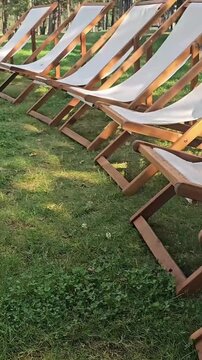 Empty deck chairs arranged on green grass in a sunny park during the day