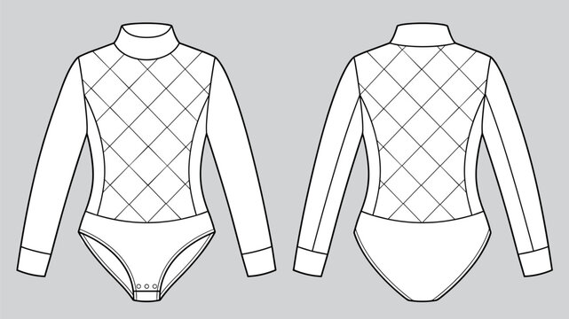 technical drawing fashion of women diamond quilted bodysuit with long sleeve and mock neck