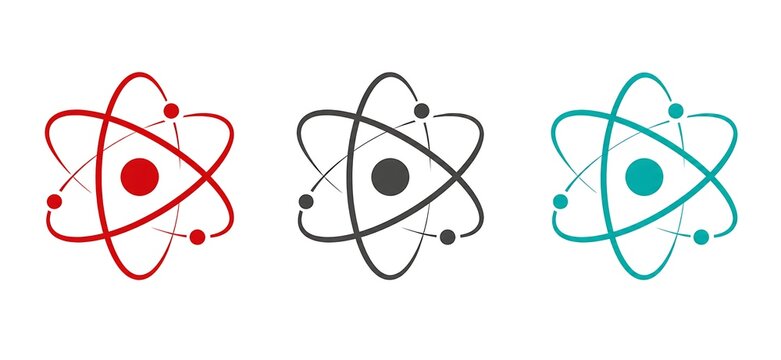 Three atom models in red, gray, and turquoise are displayed side by side, each featuring electrons orbiting a central nucleus.