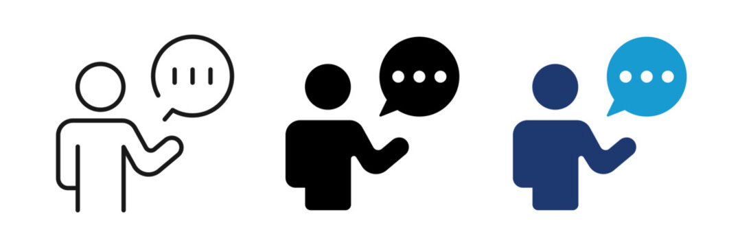 Speaker icon set. Talking, presentation, announcement, monologue. Flat and Line style collection.