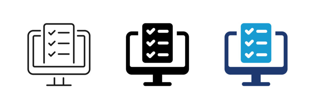 Online test icon set. Computer, survey, exam, checklist. Flat and Line style collection.