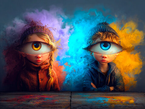 Conceptual surreal illustration titled We See It featuring two young children with oversized single eyes covering their faces, depicting screen addiction, visual overload, digital observation, and you