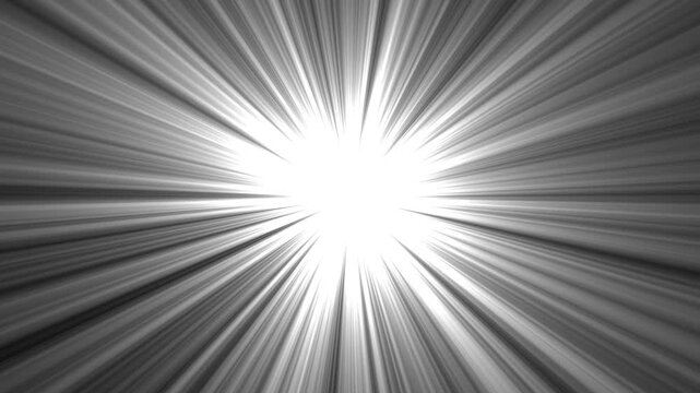 Abstract monochrome sunburst background, dynamic radial light rays motion speed lines effect