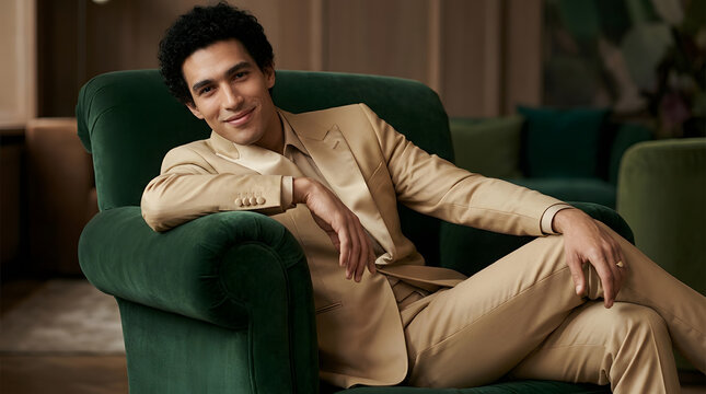 Man, fashion and luxury with professional suit in armchair for portrait, style and corporate success. Male, executive and elegance in room with comfort, handsome person and sophisticated pose