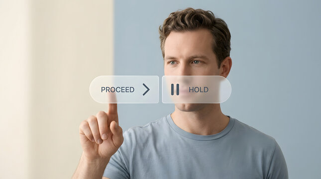 Decision making, man and technology with virtual interface for progress, choice and innovation. Future, clicking and touch button with hold, proceed and digital action for growth, success and idea.