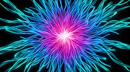 Fototapeta premium Abstract neon fiber optic explosion background | Bioluminescent neural network digital art | Cyberpunk glowing pink and blue energy blast | Futuristic technology data flow visualization