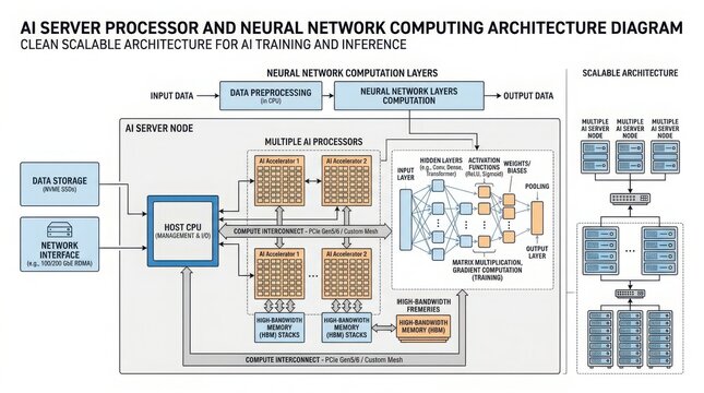 AI Server Processor and Neural Network Computing Architecture Diagram with Multiple AI Accelerators, HBM Memory and Scalable Server Nodes