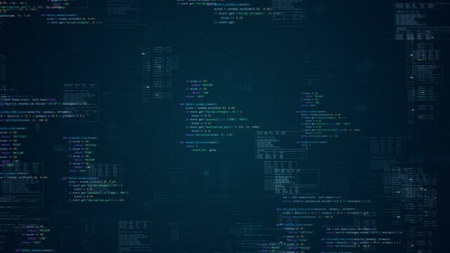 Motion graphic of scrolling programming code on a dark screen with a shallow depth of field, representing software development, cybersecurity, and complex algorithms for technology businesses.