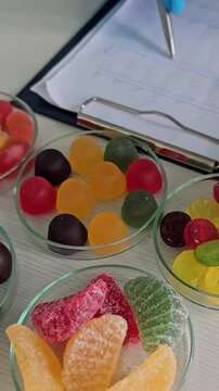 Gummy candy making process in kitchen with colorful shapes and flavors