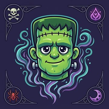 Frankenstein s monster head illustration with stylized smoke and gothic ornaments