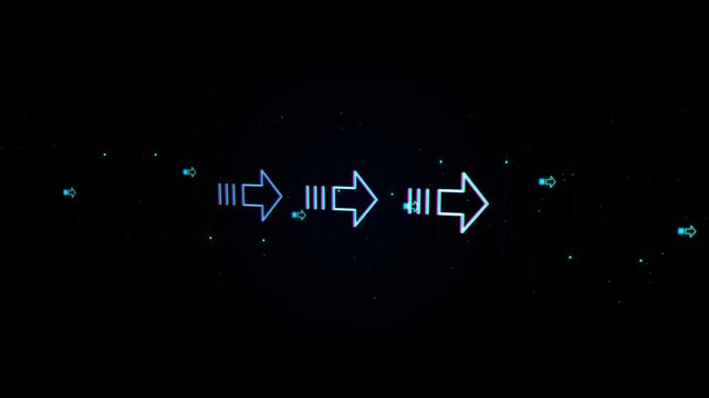 Futuristic glowing blue arrows moving right, digital neon directional pointers on black background, high tech motion graphics for navigation