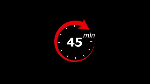45 minute countdown timer with red circular progress arrow on black background, 45 minutes clock
