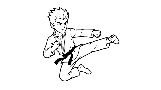 Karate boy martial arts kick coloring page line art.