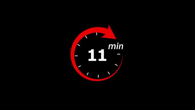 11 minute countdown timer with red circular loading progress bar on black background, 11 minutes clock