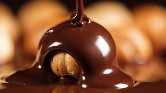 Melting premium dark chocolate gracefully draping over roasted hazelnut