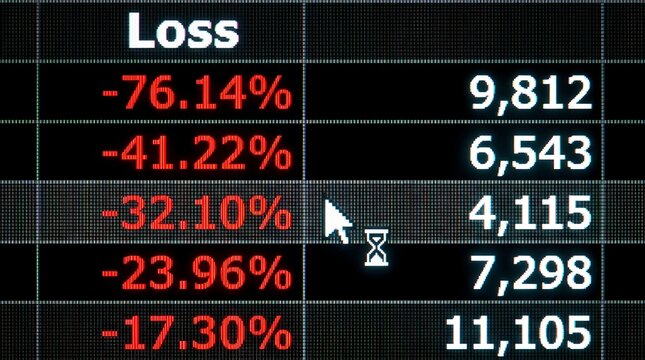 Financial Trading Interface Displaying Significant Loss Percentages And Negative Market Data