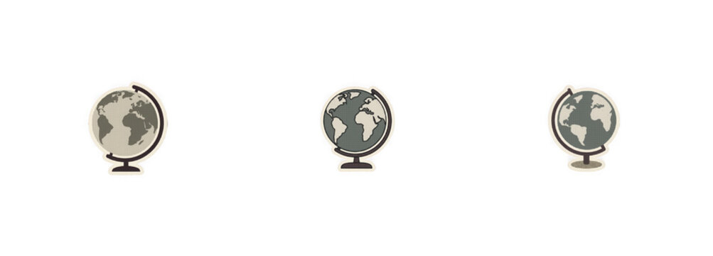 Three stylized globe icons, gray and brown world map, education concept.