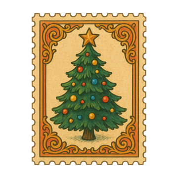 PNG Vintage Christmas tree stamp illustration.